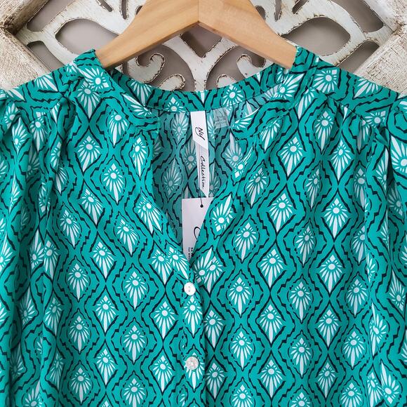 NY Collection Women's Petite Short Balloon Sleeve Button Front Blouse Top Geo - Picture 8 of 11